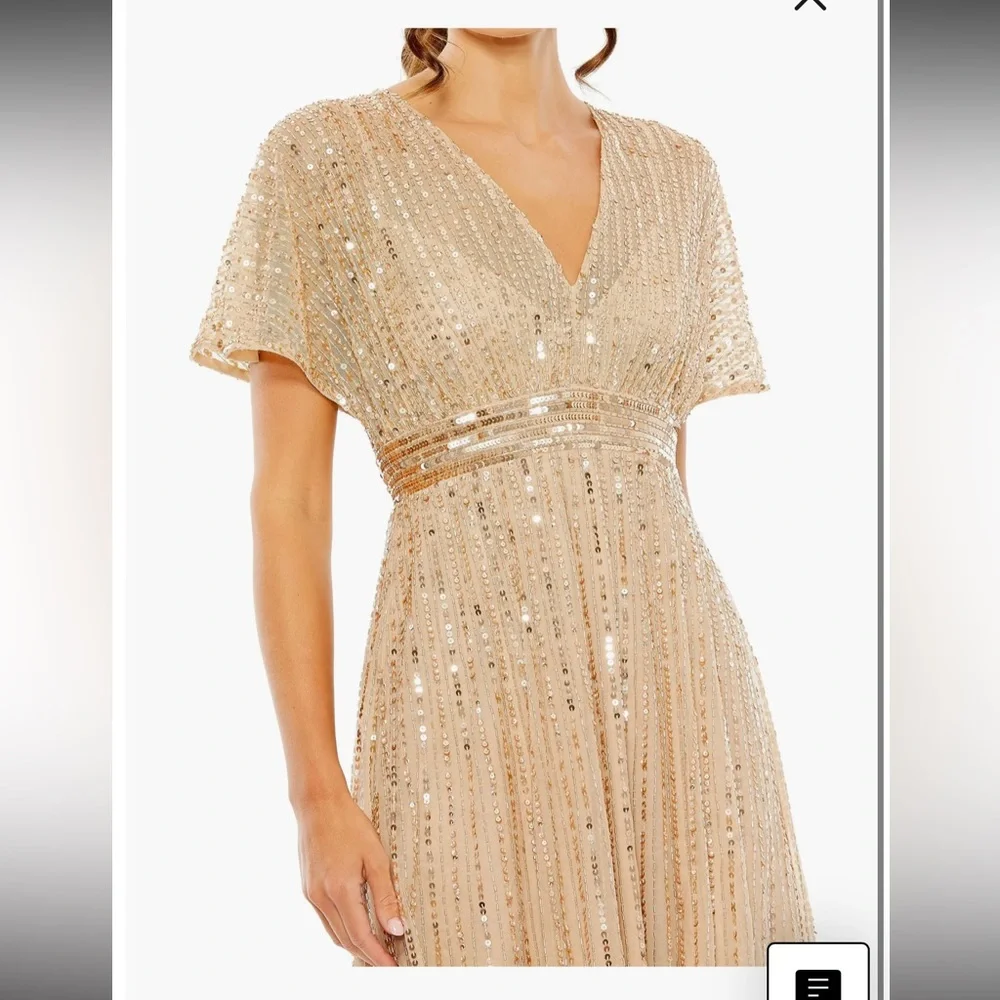 Mac Duggal Empire Waist Embellished Short Sleeved Dress taupe champagne size 16 - Picture 2 of 5